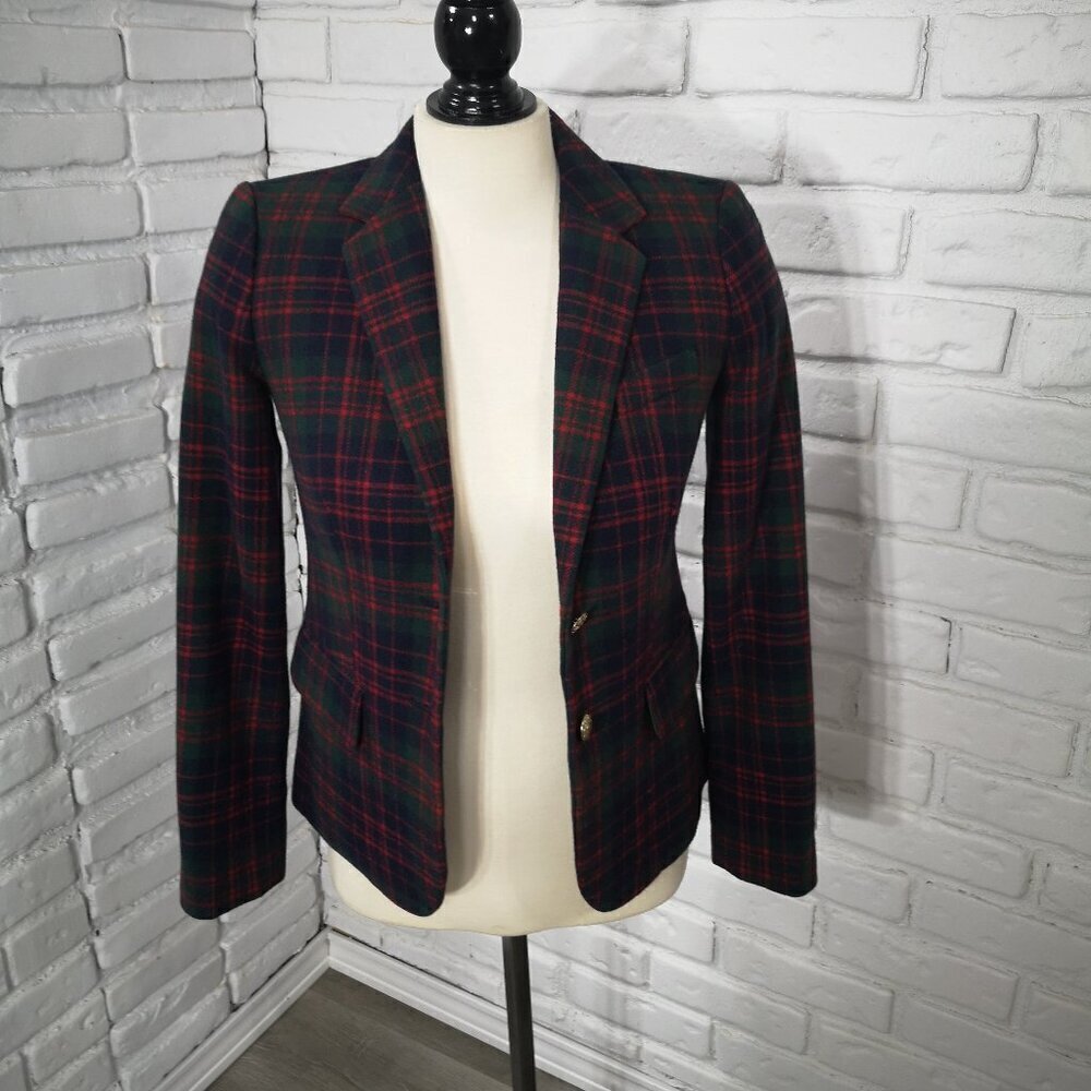J. Crew Ladies Size 00 Navy Green Red Plaid Lined Wool Blend Blazer
